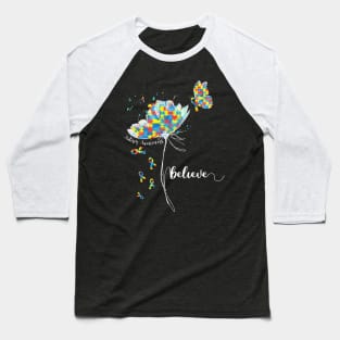 Womens Believe Flower-Butterfly Autism Baseball T-Shirt